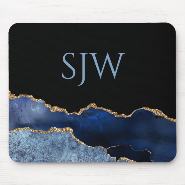 Mousepad Monograma em Ágata Azul Naval e Dourado (Frente)