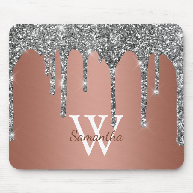 Mousepad Monograma em Dourado Rosa com Brilho Prateado (Frente)
