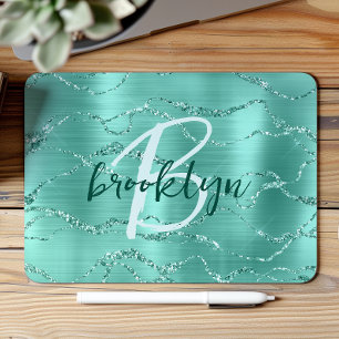 Mousepad Monograma em Rótulo de Metal Brilhante Aqua