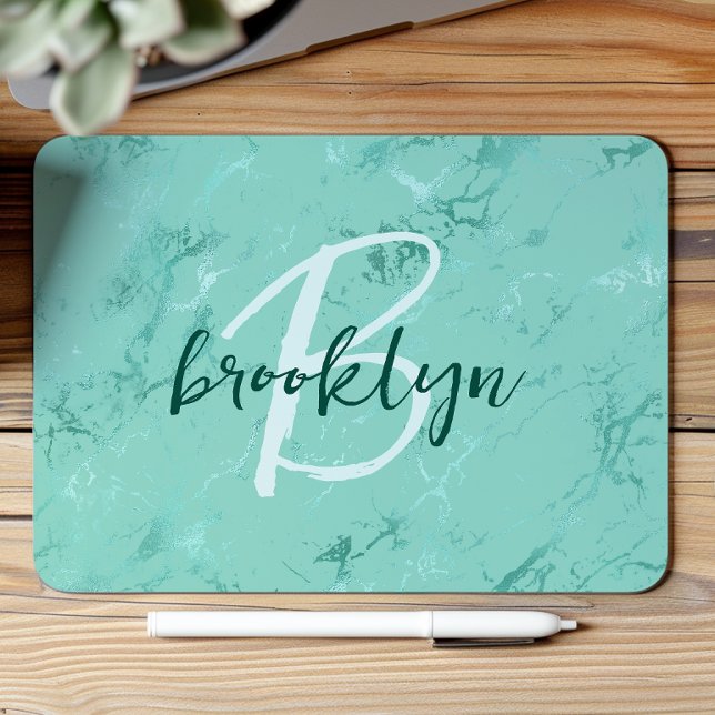 Mousepad Monograma em Script de Folha de Mármore Azul Aqua (Criador carregado)