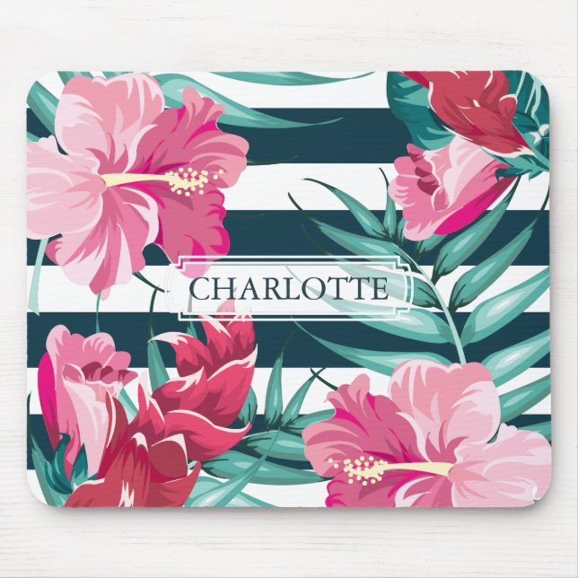 Mousepad Monograma Exótico de Verão Floral listrado (Frente)