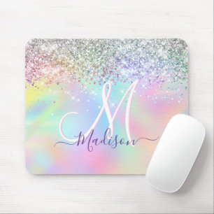 Mousepad Monograma faux glitter monograma simples iridescen