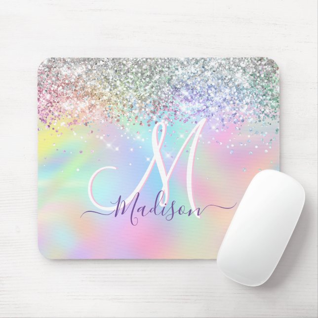 Mousepad Monograma faux glitter monograma simples iridescen (Com mouse)