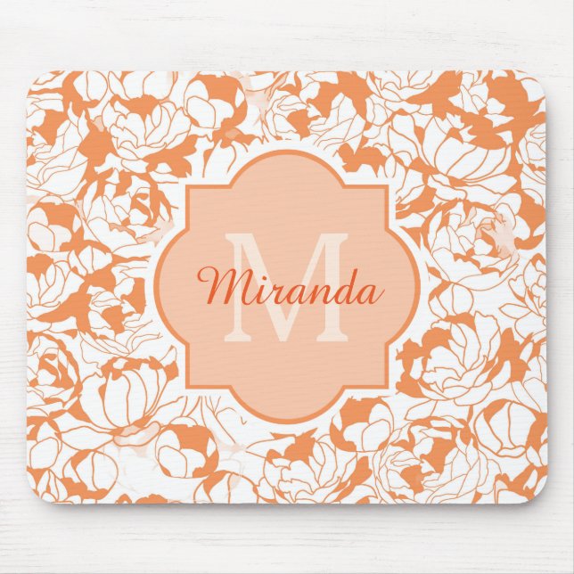 Mousepad Monograma feminino floral alaranjado moderno com (Frente)
