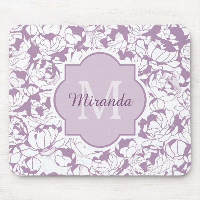 Mousepad Monograma feminino floral roxo moderno com nome (Frente)