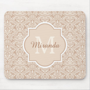 Mousepad Monograma fino da cor damasco de Tan com nome