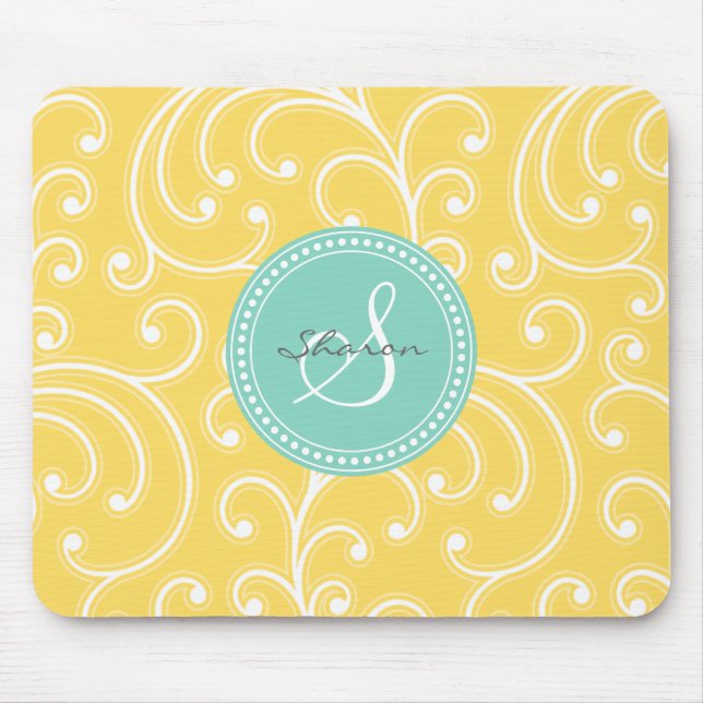 Mousepad Monograma floral amarelo feminino elegante do (Frente)