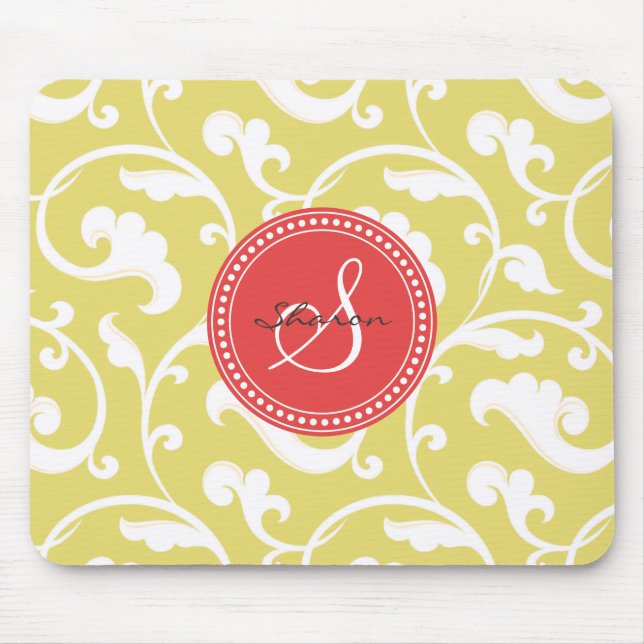 Mousepad Monograma floral amarelo feminino elegante do (Frente)
