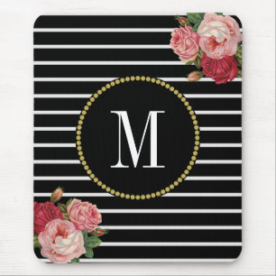 Mousepad Monograma floral antigo listrado preto elegante de
