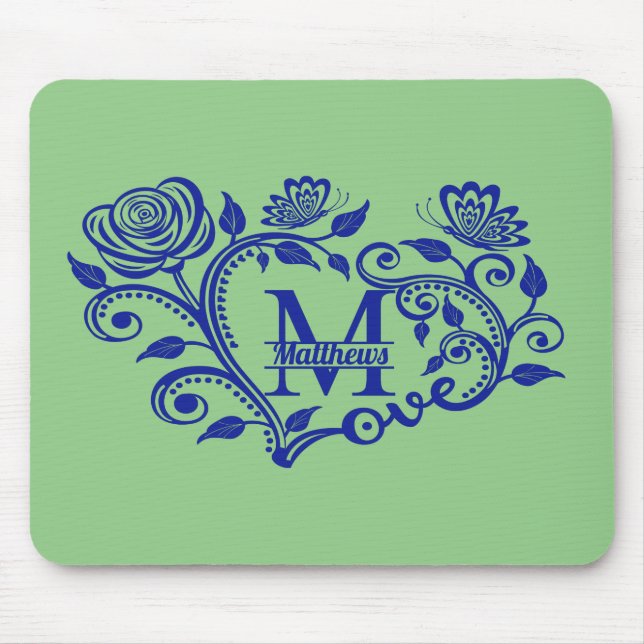 Mousepad Monograma Floral Azul de Marinho Personalizado M (Frente)