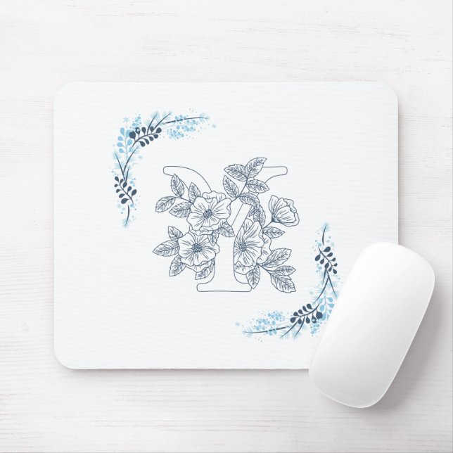Mousepad Monograma Floral Azul "Y" Inicial Calmo (Com mouse)