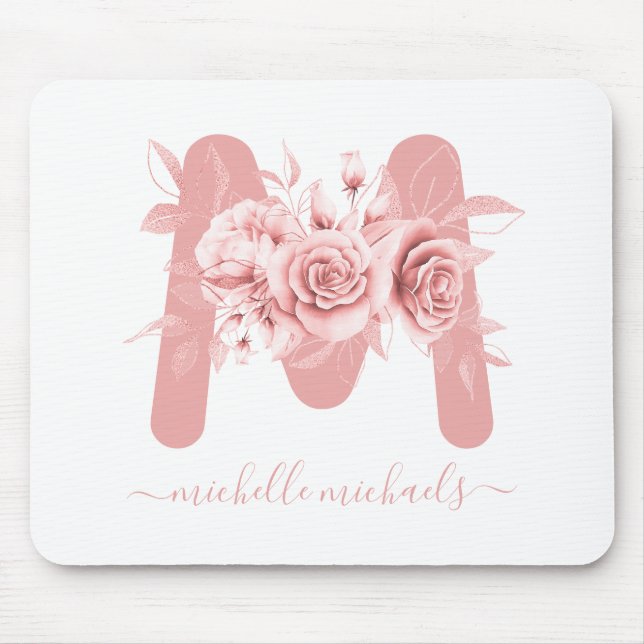 Mousepad Monograma Floral Branco Dourado de rosa (Frente)