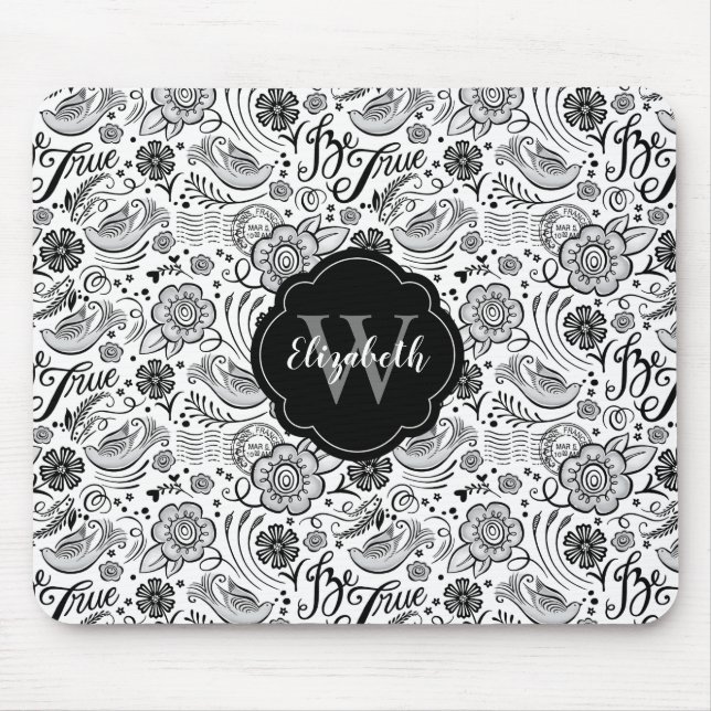 Mousepad Monograma Floral Branco Preto (Frente)