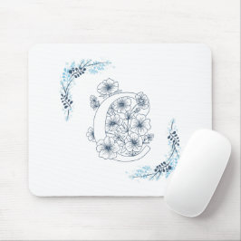 Mousepad Monograma Floral Calmo Azul Inicial "C"