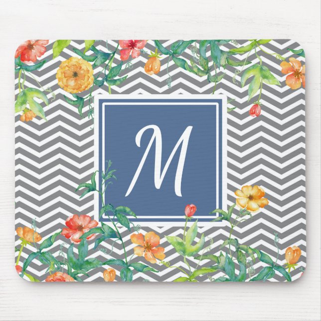 Mousepad Monograma Floral Chevron na moda Orange Chic Blue (Frente)