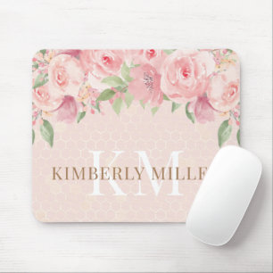 Mousepad Monograma Floral Cor-de-Água Dourada, Rosa