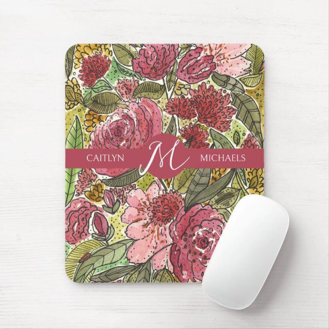 Mousepad Monograma Floral Cor de Água Rosa com Nome (Com mouse)