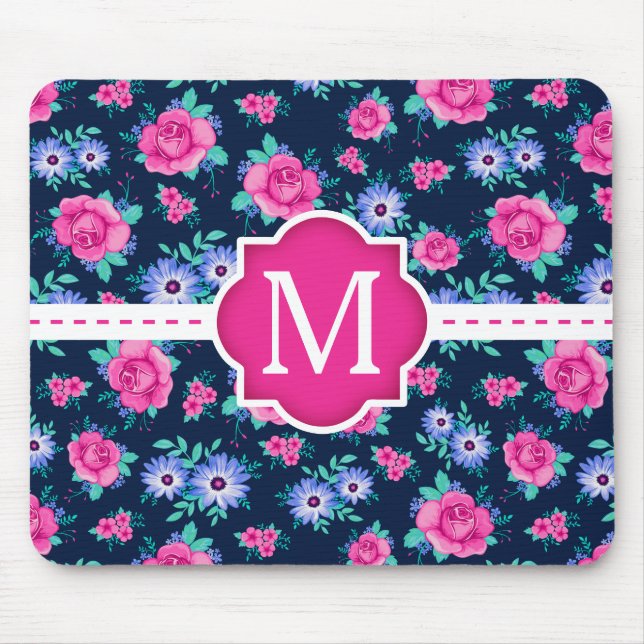 Mousepad Monograma floral cor-de-rosa do costume do teste (Frente)