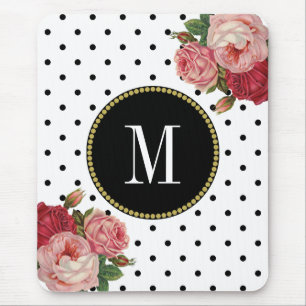 Mousepad Monograma floral da antiguidade branca preta