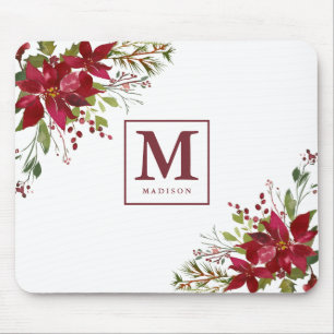 Mousepad Monograma floral da poinsétia da aguarela chique