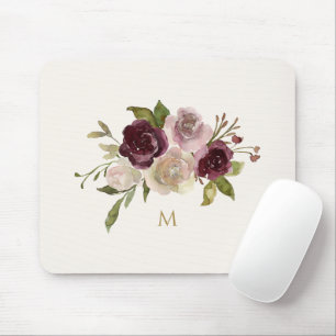 Mousepad Monograma Floral de Aquarela Rosa Borgonha Moderna
