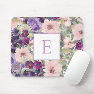 Mousepad Monograma Floral de Cor Água Púrpura Rosa