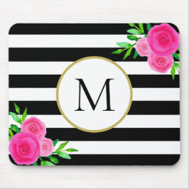 Mousepad Monograma Floral de Cor de Água em Branco Preto