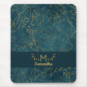 Mousepad Monograma Floral de Folha Azul-Teal Escuro Elegant