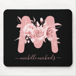 Mousepad Monograma Floral de Rosa Dourado Preto
