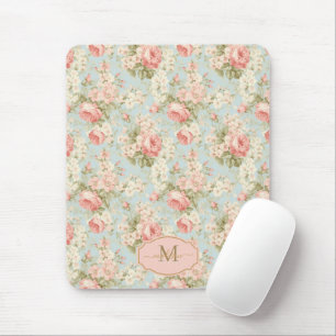 Mousepad Monograma Floral de Rosas Cor-de-Rosa Vintage Shab