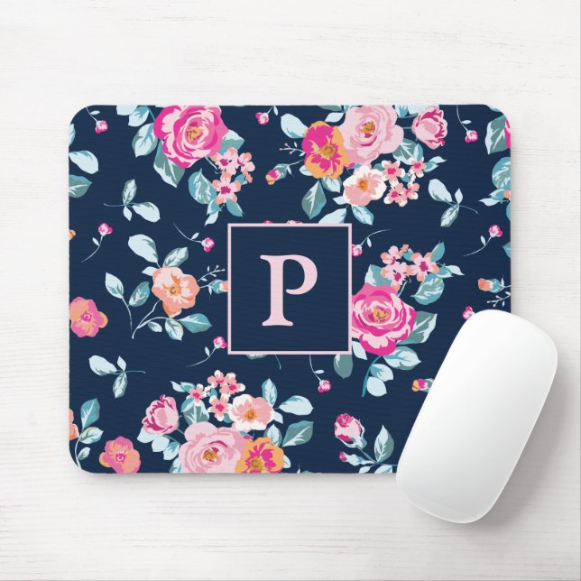 Mousepad Monograma Floral de Rosas Rosa Vibrantes (Com mouse)