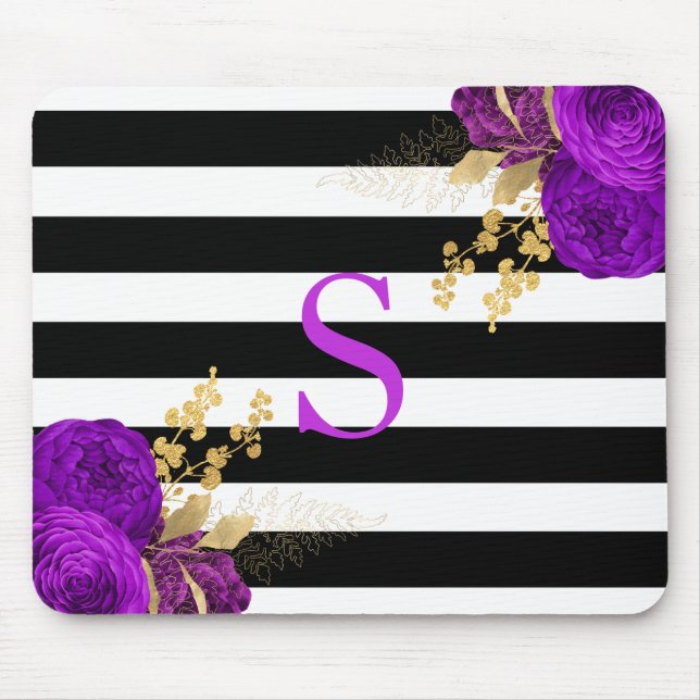 Mousepad Monograma Floral Dourado Roxo Branco Preto (Frente)