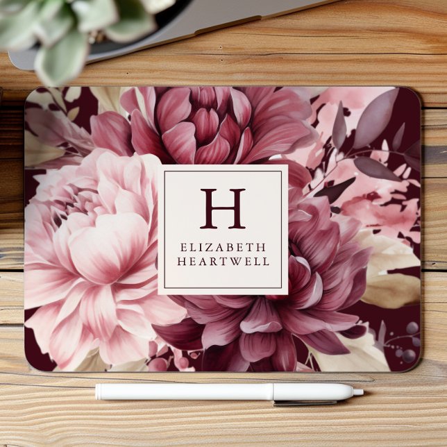 Mousepad Monograma Floral Elegante Burgundy (Criador carregado)