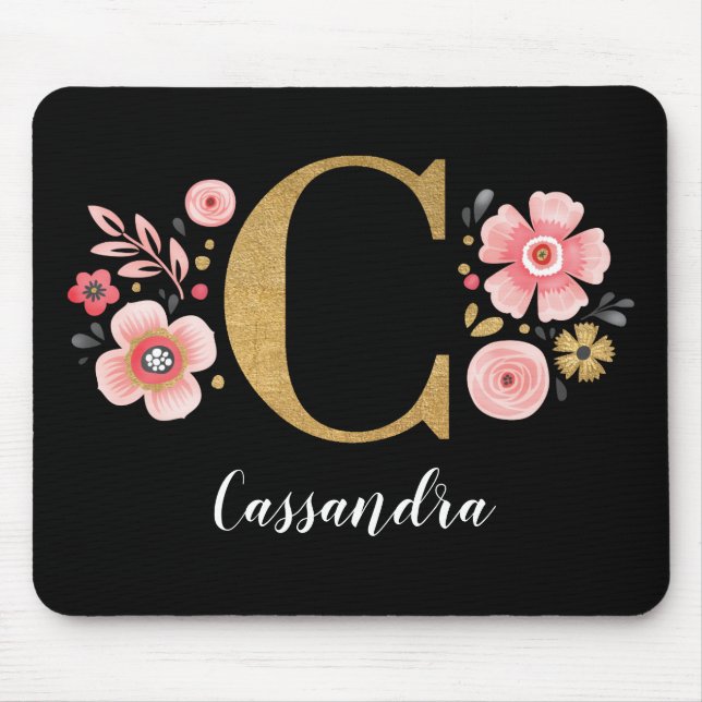 Mousepad Monograma Floral - Letra Cor-de-Rosa Inicial C (Frente)