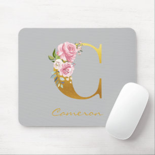 Mousepad Monograma Floral Nome Dourado Personalizado Inicia