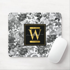 Mousepad Monograma Floral Preto, Branco e Dourado