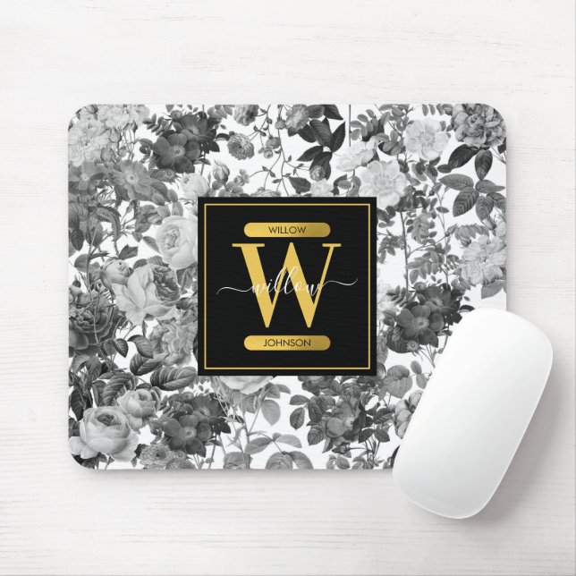 Mousepad Monograma Floral Preto, Branco e Dourado (Com mouse)