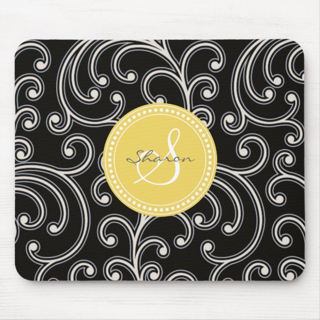 Mousepad Monograma floral preto feminino elegante do teste (Frente)