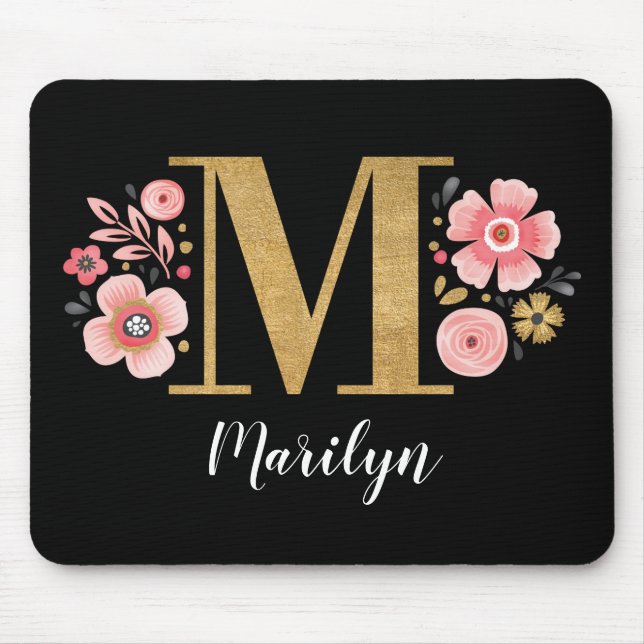 Mousepad Monograma Floral Preto Inicial (Frente)