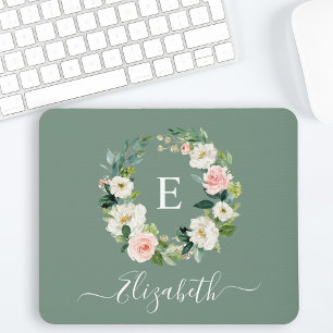 Mousepad Monograma Floral Rosa em Aquarela Elegante Verde S