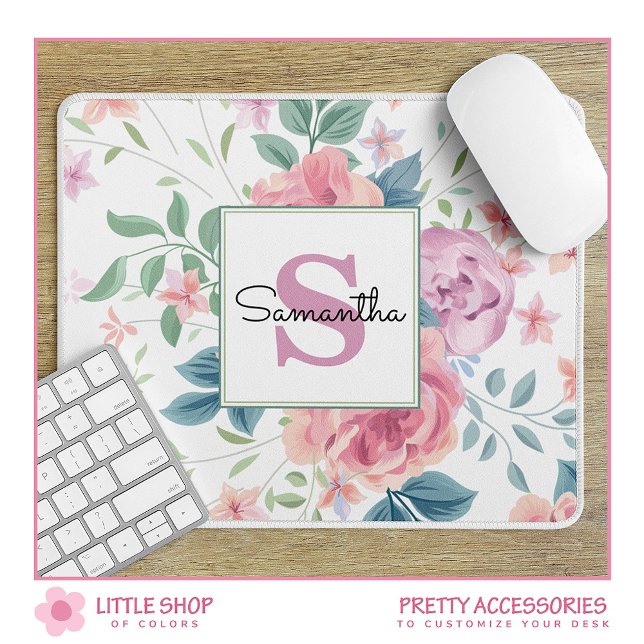 Mousepad Monograma Floral Rosa Personalizável (Criador carregado)