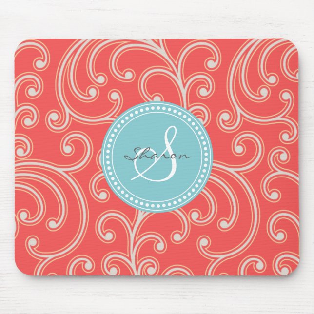 Mousepad Monograma floral vermelho feminino elegante do (Frente)