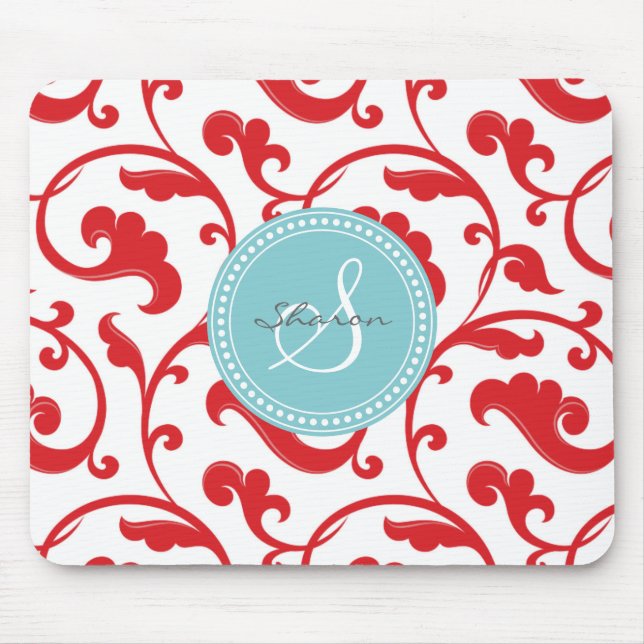 Mousepad Monograma floral vermelho feminino elegante do (Frente)