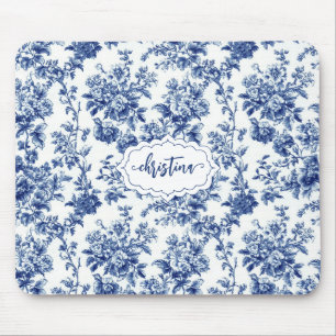 Mousepad Monograma Floral Vintage Azul Naval Toile Personal