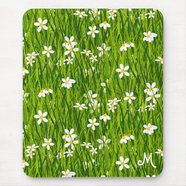 Mousepad Monograma, Flores Brancas e Folhas Verdes (Frente)
