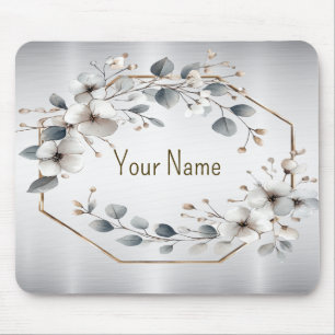 Mousepad Monograma Flores brancas Ouro Prata