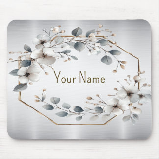 Mousepad Monograma Flores brancas Ouro Prata