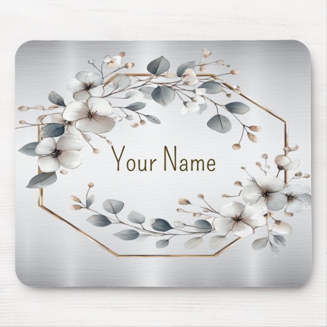 Mousepad Monograma Flores brancas Ouro Prata (Frente)