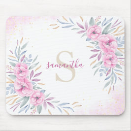 Mousepad Monograma Flores Rosa Escamufladas Aquarelas Boho