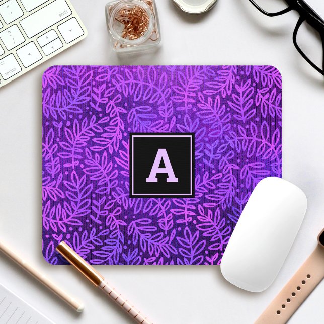 Mousepad Monograma folhagem moderna deixa padrão roxo (Criador carregado)